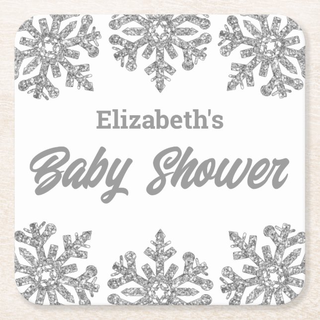 Posavasos Cuadrado De Papel Baby Shower Silver Snowflake Winter (Anverso)