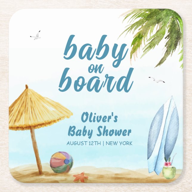 Posavasos Cuadrado De Papel Baby Shower Summer Beach Ocean Surfboard (Anverso)