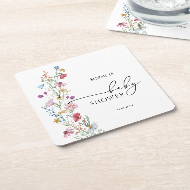 Posavasos Cuadrado De Papel Baby Shower Wildflowers (En perspectiva)