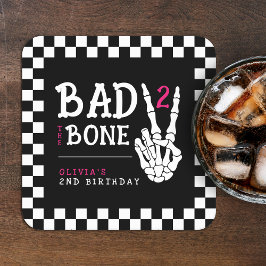 Posavasos Cuadrado De Papel Bad 2 the Bone Skeleton Pink 2nd Birthday Party