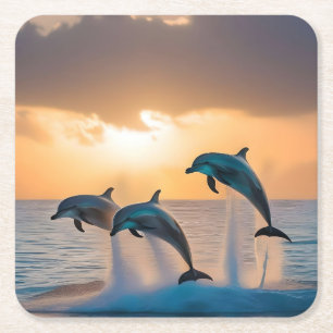Posavasos Cuadrado De Papel Bailando en el atardecer: Tres delfines saltando