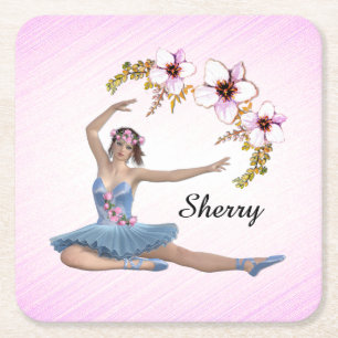 Posavasos Cuadrado De Papel Bailarina de Azul Nombre Personal Rosa