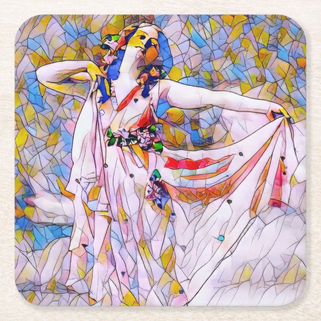 Posavasos Cuadrado De Papel Bailarina de vidrio manchado con vestido flojo (Anverso)