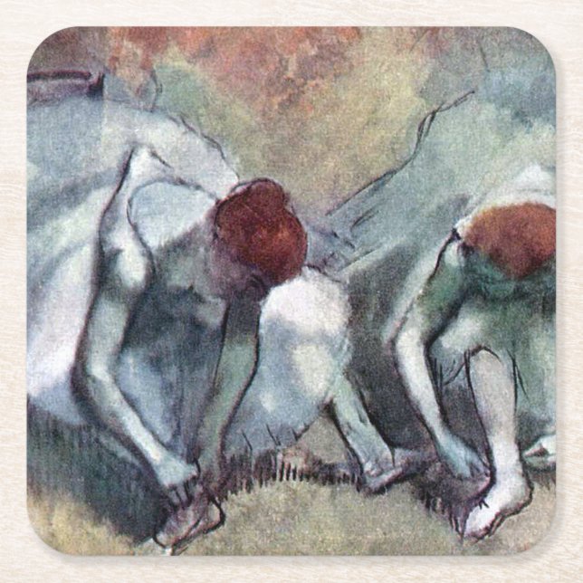 Posavasos Cuadrado De Papel Bailarinas atando sus zapatos, Edgar Degas (Anverso)