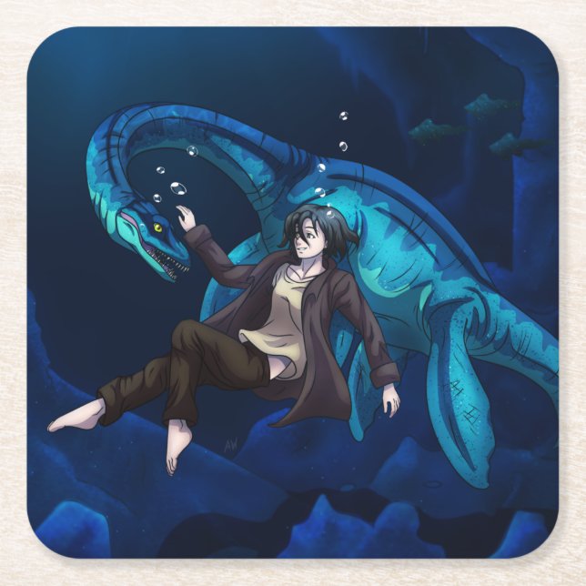 Posavasos Cuadrado De Papel Bajo el agua con un Plesiosaurio (Anverso)