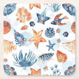Posavasos Cuadrado De Papel Bajo el Mar | Animales del Océano de Coral Acuarel