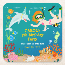 Posavasos Cuadrado De Papel Bajo el mar delfines y fiesta de cumpleaños chica