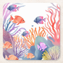 Posavasos Cuadrado De Papel Bajo la acuarela de coral marino