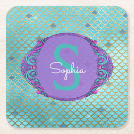 Posavasos Cuadrado De Papel Balanza de sirena verde azulada y púrpura Monogram