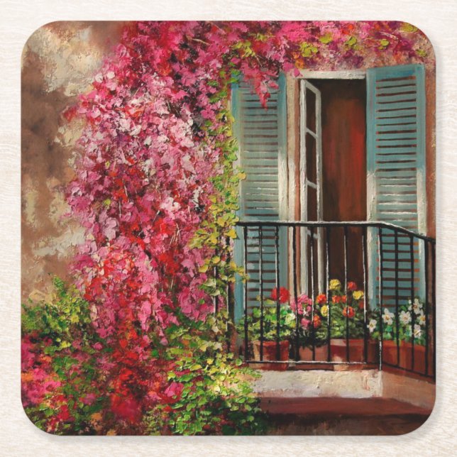 Posavasos Cuadrado De Papel Balcón con Bella Artes de flores (Anverso)