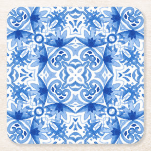 Posavasos Cuadrado De Papel Baldosa azul blanca, acuarela sin costura.