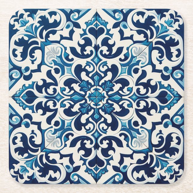Posavasos Cuadrado De Papel Baldosa azul portuguesa (Anverso)