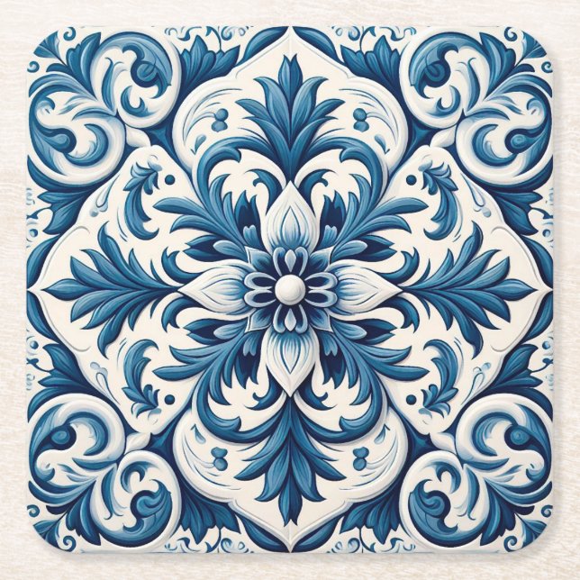 Posavasos Cuadrado De Papel Baldosa azul portuguesa (Anverso)