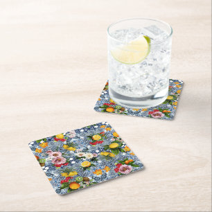 Posavasos Cuadrado De Papel Baldosas Azules Patrón Mediterráneo