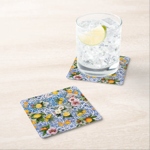 Posavasos Cuadrado De Papel Baldosas Azules Patrón Mediterráneo