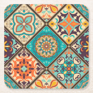 Posavasos Cuadrado De Papel Baldosas de mosaico colorido: motivos islámicos.