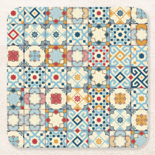 Posavasos Cuadrado De Papel Baldosas marroquíes, coloridas y sin costuras.
