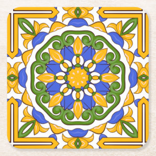 Posavasos Cuadrado De Papel Baldosas mediterráneas, mayólica, siciliana, azule