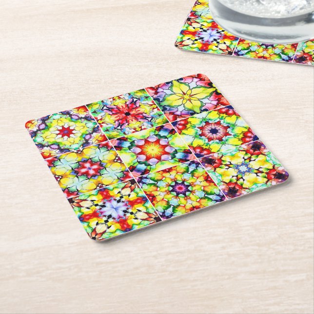 Posavasos Cuadrado De Papel Baldosas mediterráneas, mosaicos de tinta de alcoh (En perspectiva)