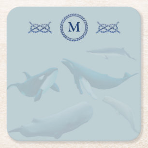 Posavasos Cuadrado De Papel Ballenas azules con monograma