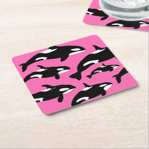 Posavasos Cuadrado De Papel Ballenas orcas en rosa