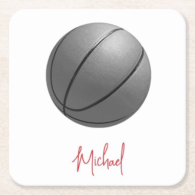 Posavasos Cuadrado De Papel Baloncesto blanco y negro tu nombre Personalizado (Anverso)