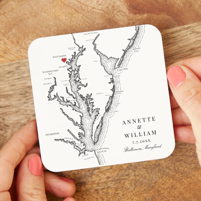 Posavasos Cuadrado De Papel Baltimore Maryland Elegante Boda blanco negro (Personalized Baltimore MD Map Drink Coasters for an elegant black and white Maryland wedding)