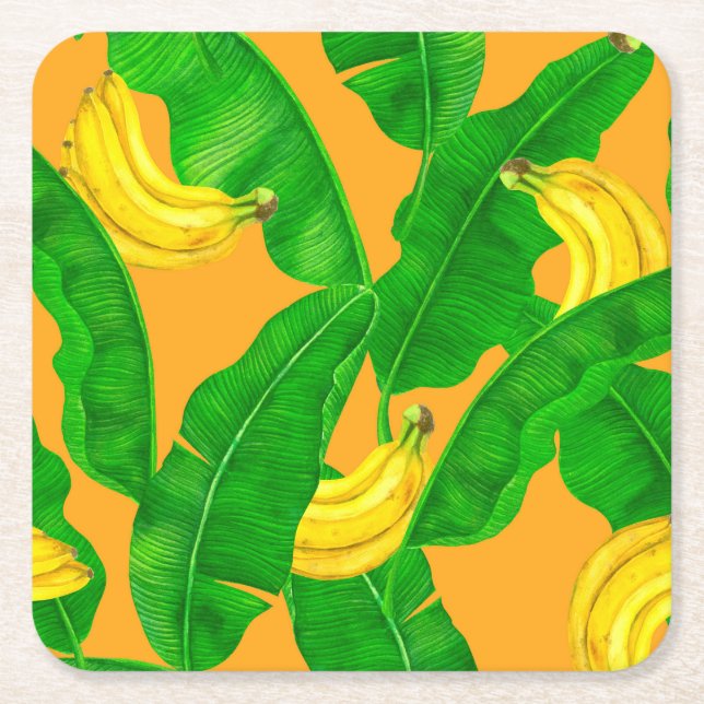 Posavasos Cuadrado De Papel Bananas y hojas diseño de acuarela (Anverso)