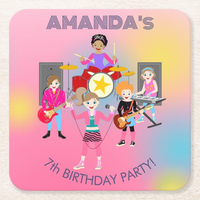 Posavasos Cuadrado De Papel Banda de chicas de música retro Birthday Party (Anverso)