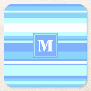 Posavasos Cuadrado De Papel Bandas azules del cielo monogramo