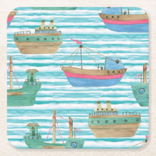 Posavasos Cuadrado De Papel Bandas De Barco: Patrón De Pintura De Acuarela.