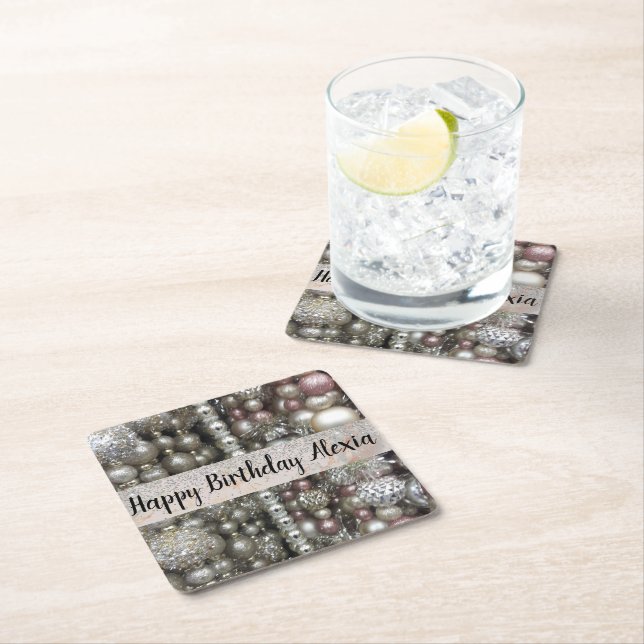 Posavasos Cuadrado De Papel Bandas de plata y rosa espumosas (In situ)