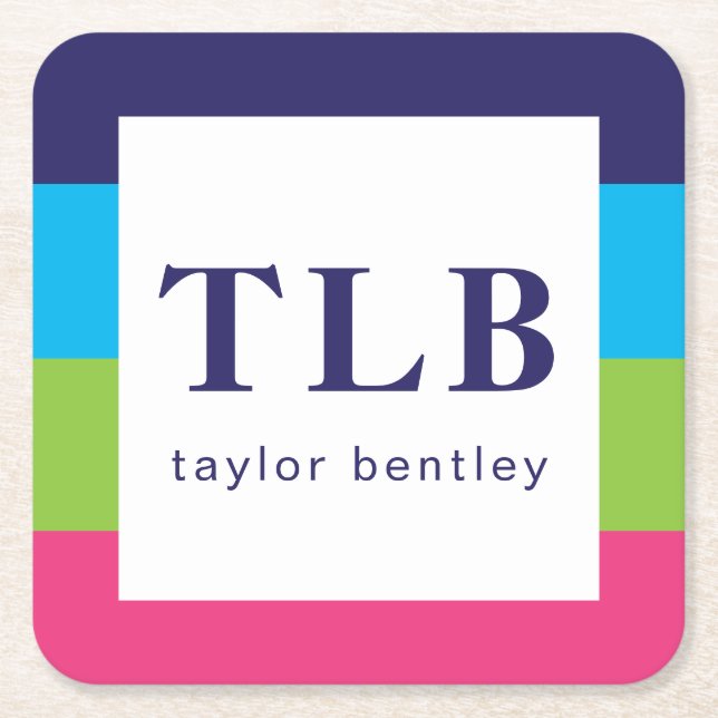 Posavasos Cuadrado De Papel Bandas de Rugby Brillantes Monogramadoras de Papel (Anverso)