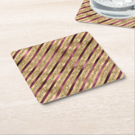 Posavasos Cuadrado De Papel Bandas Purpurinas de oro rojo de Borgoña