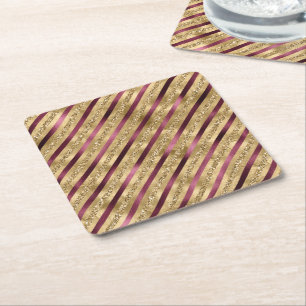 Posavasos Cuadrado De Papel Bandas Purpurinas de oro rojo de Borgoña