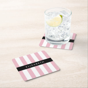 Posavasos Cuadrado De Papel Bandas rosadas, Patrón rayado, Líneas, Su Nombre