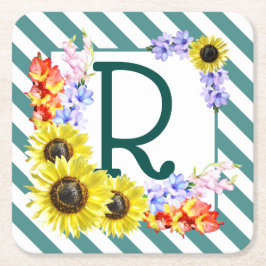 Posavasos Cuadrado De Papel Bandas Verde azuladas monograma de girasol