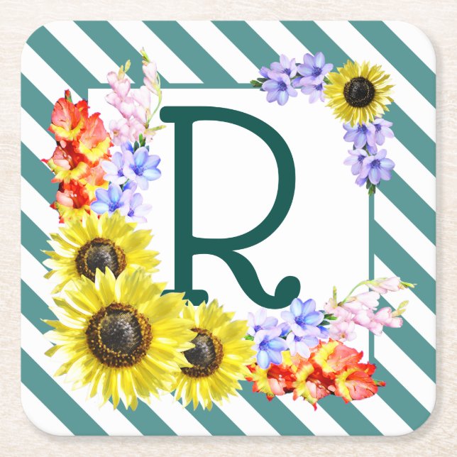 Posavasos Cuadrado De Papel Bandas Verde azuladas monograma de girasol (Anverso)