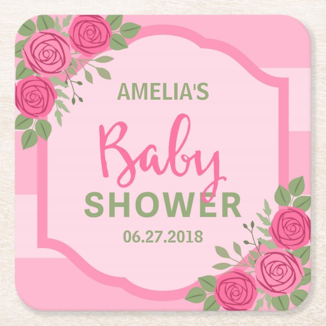 Posavasos Cuadrado De Papel Bandas y Rosas Chica rosa Baby Shower (Anverso)
