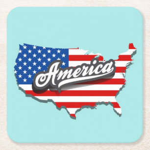 Posavasos Cuadrado De Papel Bandera Americana/Estados Unidos Map Coaster Set