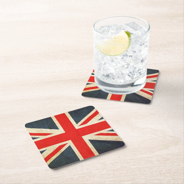 Posavasos Cuadrado De Papel Bandera británica vintage grunge (In situ)