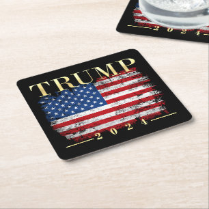 Posavasos Cuadrado De Papel Bandera de cosecha elegante de oro de Trump 2020