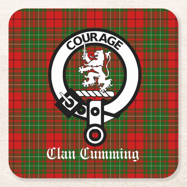 Posavasos Cuadrado De Papel Bandera Escudo Clan Cumming y Tartán (Anverso)