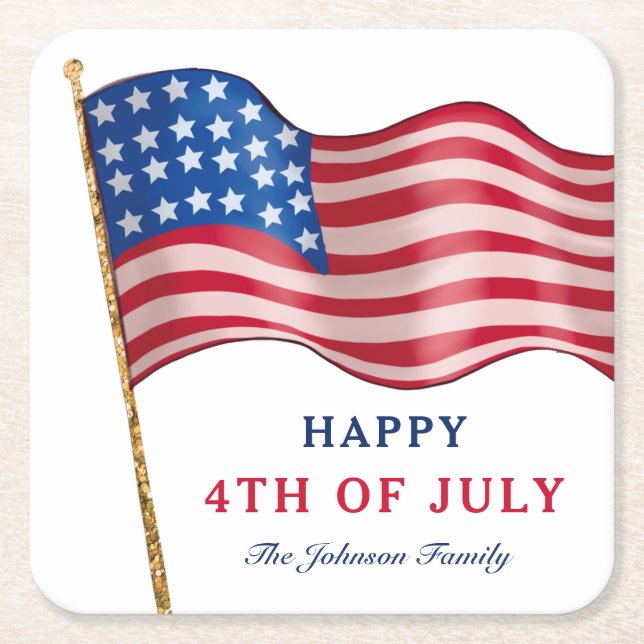 Posavasos Cuadrado De Papel Bandera estadounidense feliz 4 de julio (Anverso)