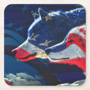 Posavasos Cuadrado De Papel Bandera estadounidense lobo Luna llena