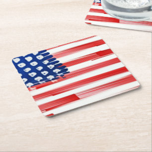 Posavasos Cuadrado De Papel Bandera estadounidense pintada a la acuarela