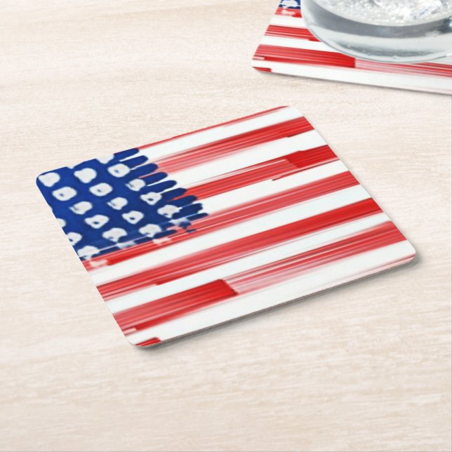 Posavasos Cuadrado De Papel Bandera estadounidense pintada a la acuarela (En perspectiva)