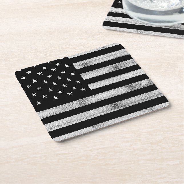 Posavasos Cuadrado De Papel Bandera estadounidense Rustic Wood Black White Pat (En perspectiva)