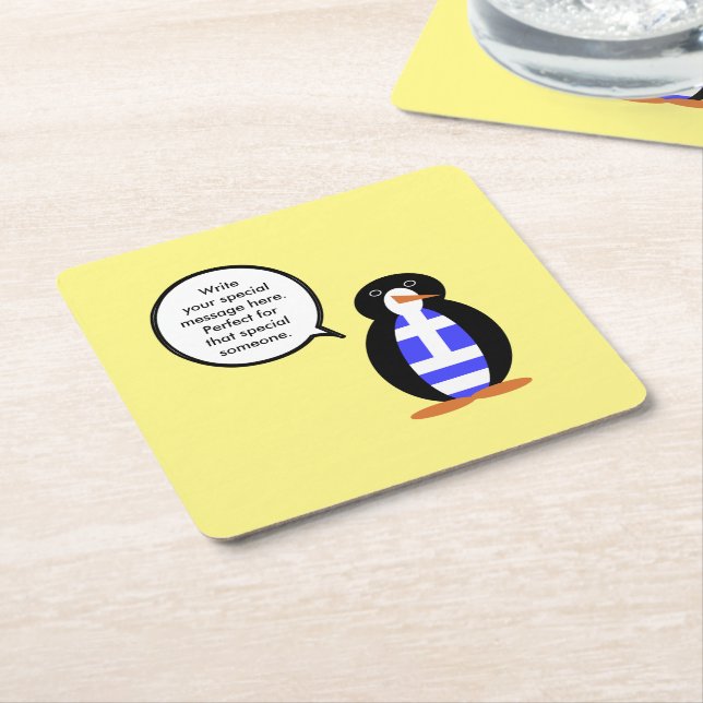 Posavasos Cuadrado De Papel Bandera griega habla de la señora Penguin personal (En perspectiva)