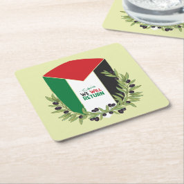 Posavasos Cuadrado De Papel Bandera palestina y ramas de olivo